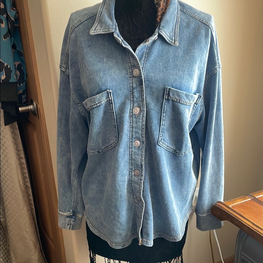 Jane Delancey cotton denim look knit blend Button-Up shacket